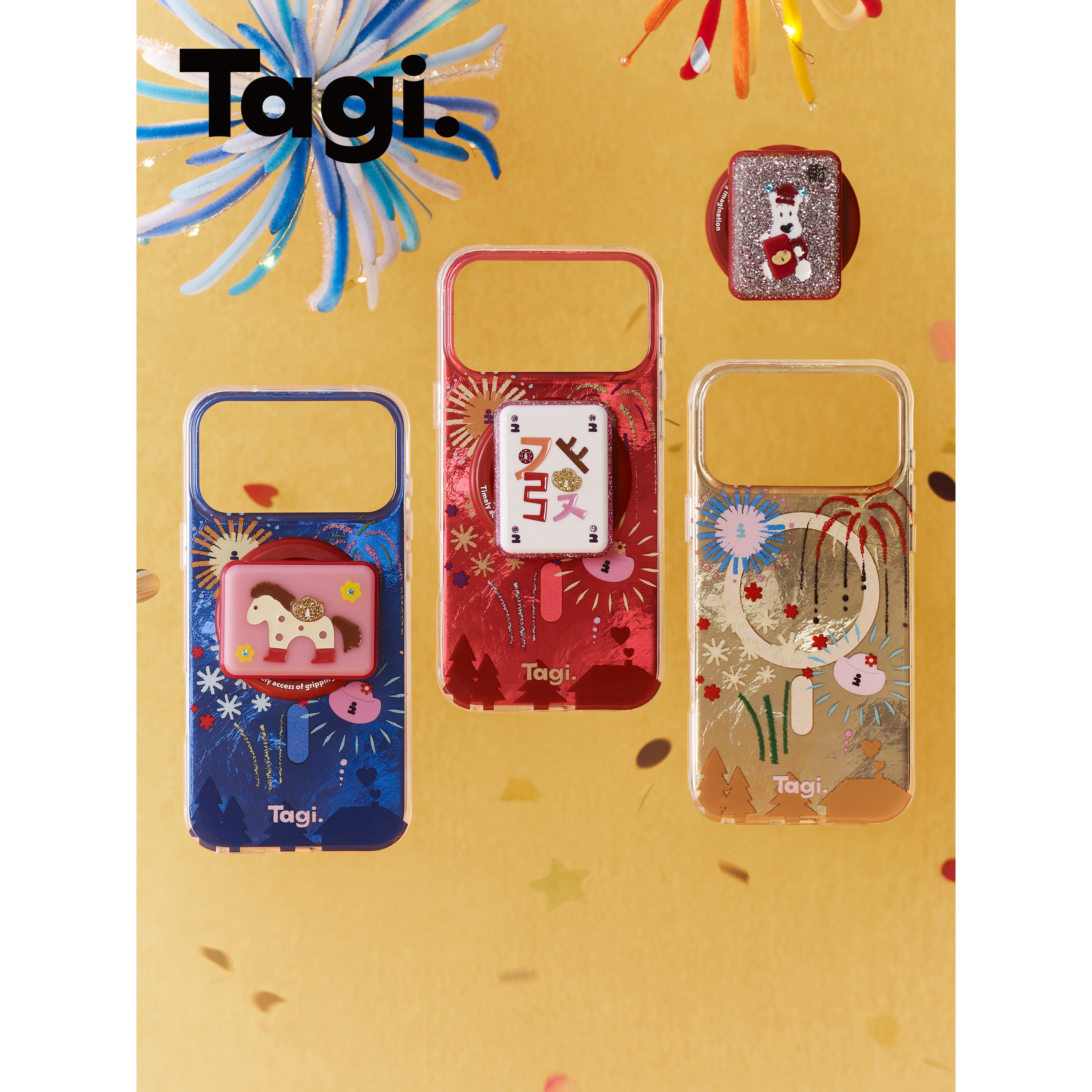 Tagi. Fireworks Shining Magnetic Phone Case & Mahjong Luck Spinner Magnetic Rotating Phone Holder